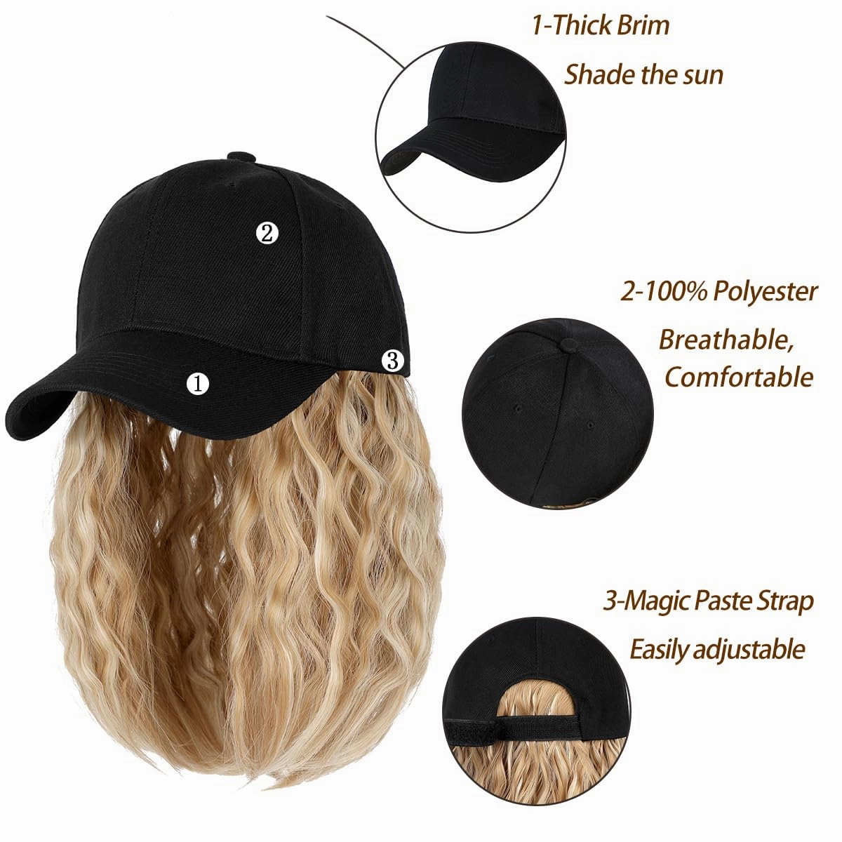Qlenkay Baseball Cap with Hair Extensions 14inch Wavy Curly Bob Hairstyle Adjustable Wig Hat Attached Synthetic Hairpiece for Woman Baby Blonde Mix Bleach Blonde