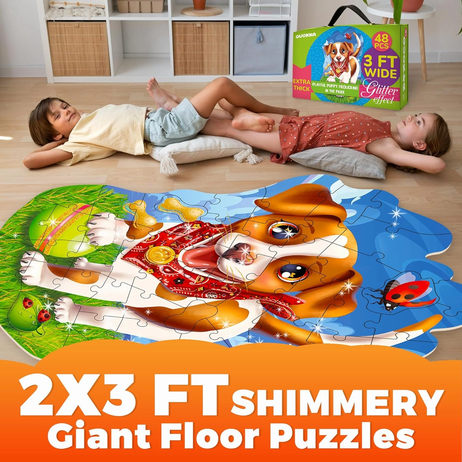 QUOKKA Glitter Floor Puzzles for Kids Ages 3-5 - 2x3 FT 48 Piece Puzzles for Toddlers 2-4 - Shaped Large Giant Educational Toddler Puzzles Ages 24  Months - Puppy Toy Activity Game for Boys and Girls
