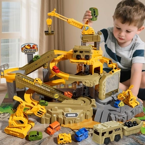 Railcar Mining Site Playset with Climbing Hills Ramp Track & Crane, Construction Toy Set with Electric Lift & Trucks for for Kids Ages 4-8, Building Gift Set for Boys 3 4 5 6 7