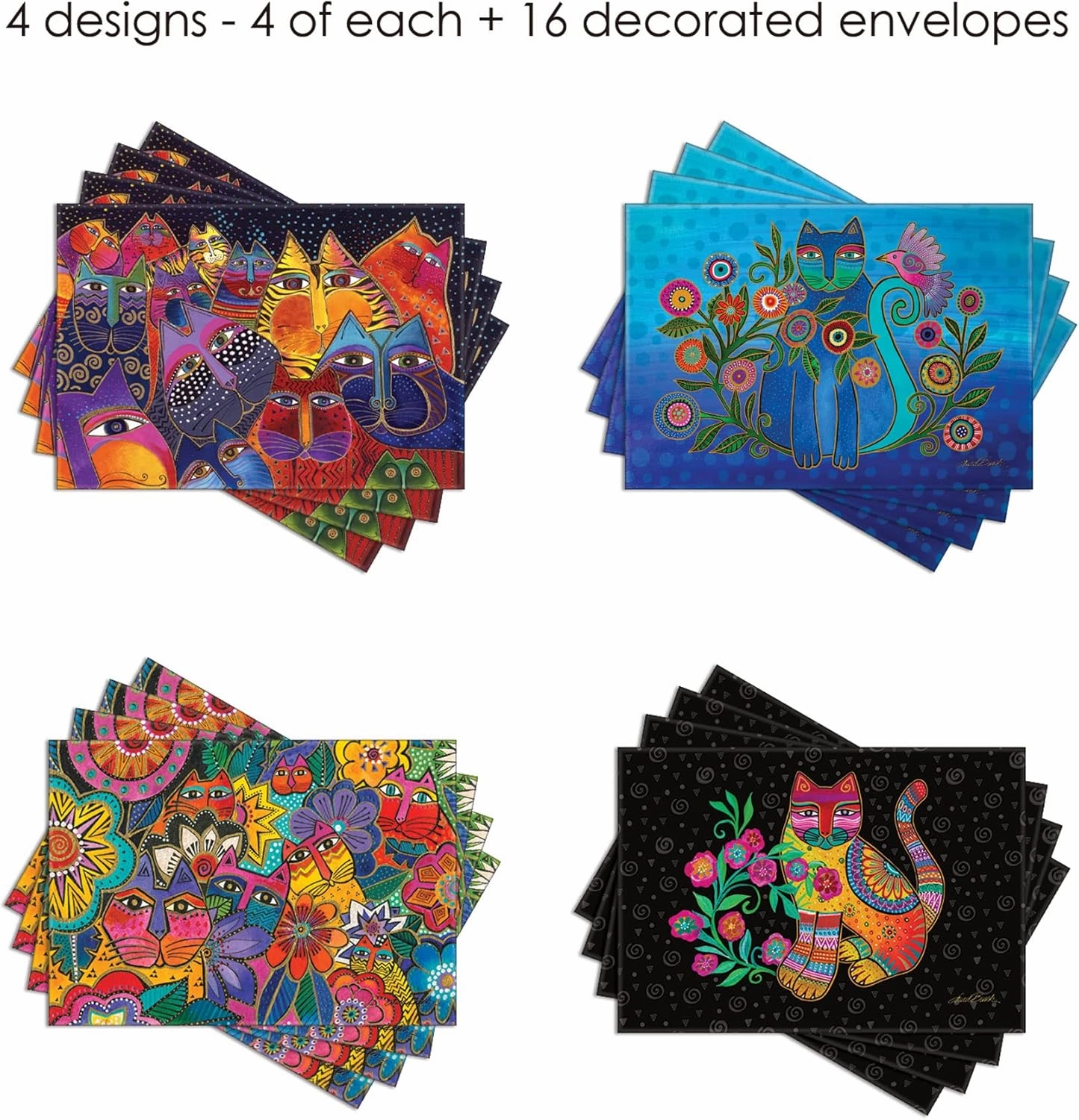 RainCaper Laurel Burch Keepsake 5x7 Blank Stationery Greeting Note Cards With Decorative Envelopes, Gift Boxed Set of 16 | 300 GSM Cardstock (Laurel Burch Cats)