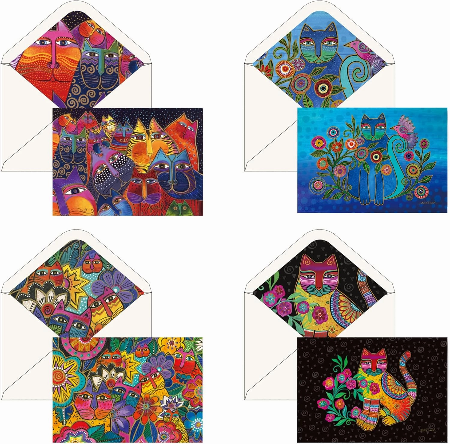 RainCaper Laurel Burch Keepsake 5x7 Blank Stationery Greeting Note Cards With Decorative Envelopes, Gift Boxed Set of 16 | 300 GSM Cardstock (Laurel Burch Cats)