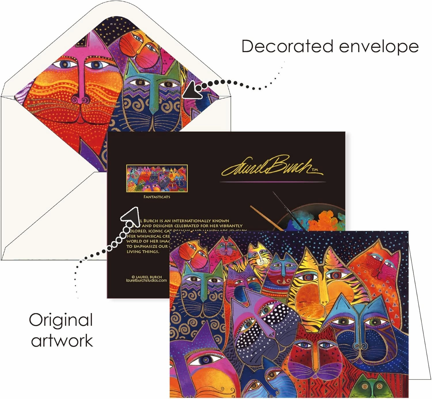 RainCaper Laurel Burch Keepsake 5x7 Blank Stationery Greeting Note Cards With Decorative Envelopes, Gift Boxed Set of 16 | 300 GSM Cardstock (Laurel Burch Cats)