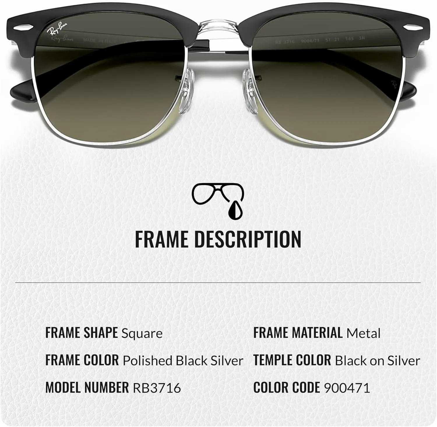 Ray-Ban RB3716 CLUBMASTER Metal Square Shape Sunglasses With Eyewear Kit Bundle - Adjustable Nose Pads - Square Sunglasses