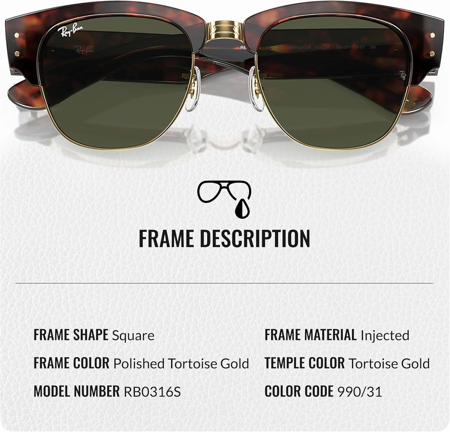 Ray-Ban RB0316S MEGA CLUBMASTER Square Shape Sunglasses With Eyewear Kit Bundle - Adjustable Nose Pads - Square Sunglasses