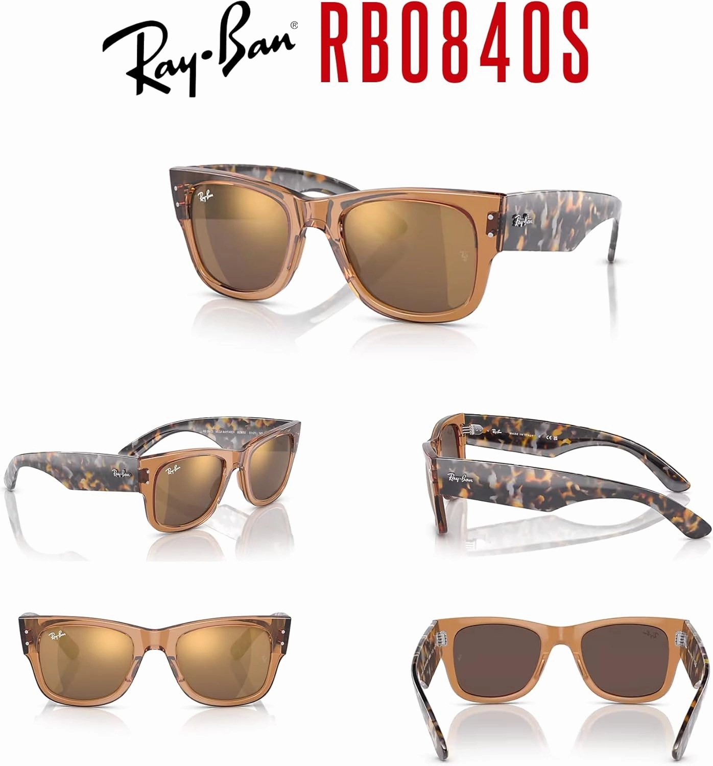 Ray-Ban RB0840S Mega Wayfarer Square Sunglasses for Men for Women   BUNDLE With Designer iWear Cleaning Kit