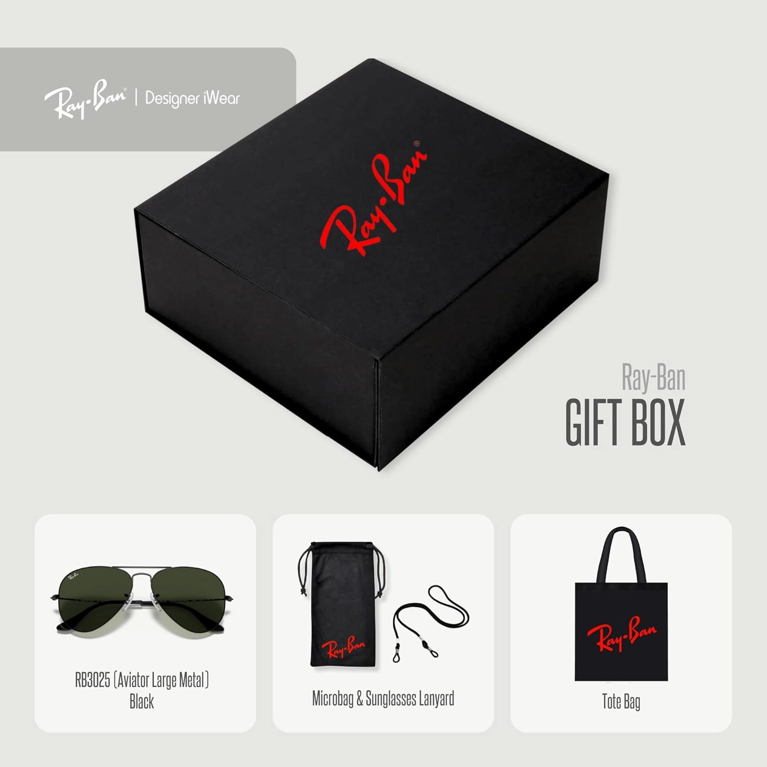 Ray-Ban Sunglasses - Luxury Gift Set: Includes Sunglasses, Tote, Microfiber Bag, Leash in Box Ideal for Gifting