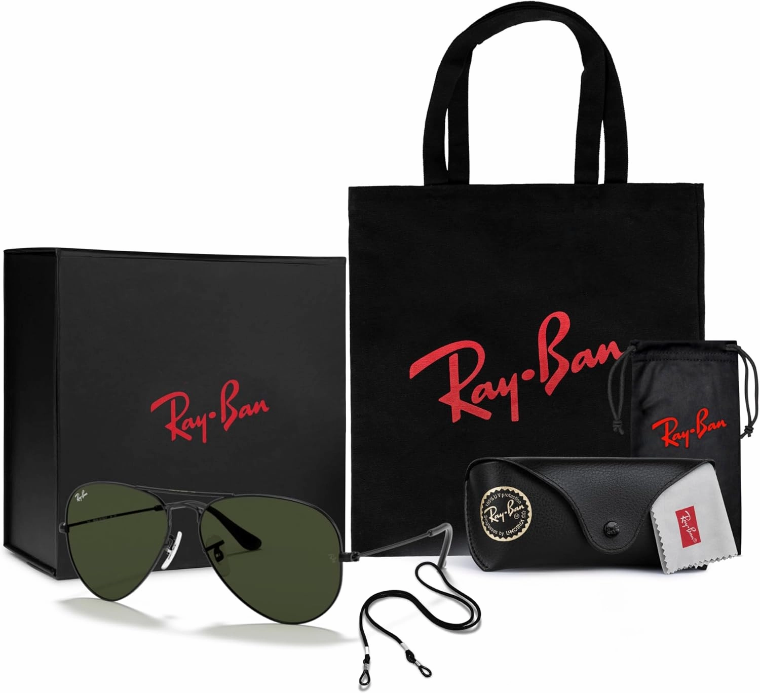 Ray-Ban Sunglasses - Luxury Gift Set: Includes Sunglasses, Tote, Microfiber Bag, Leash in Box Ideal for Gifting
