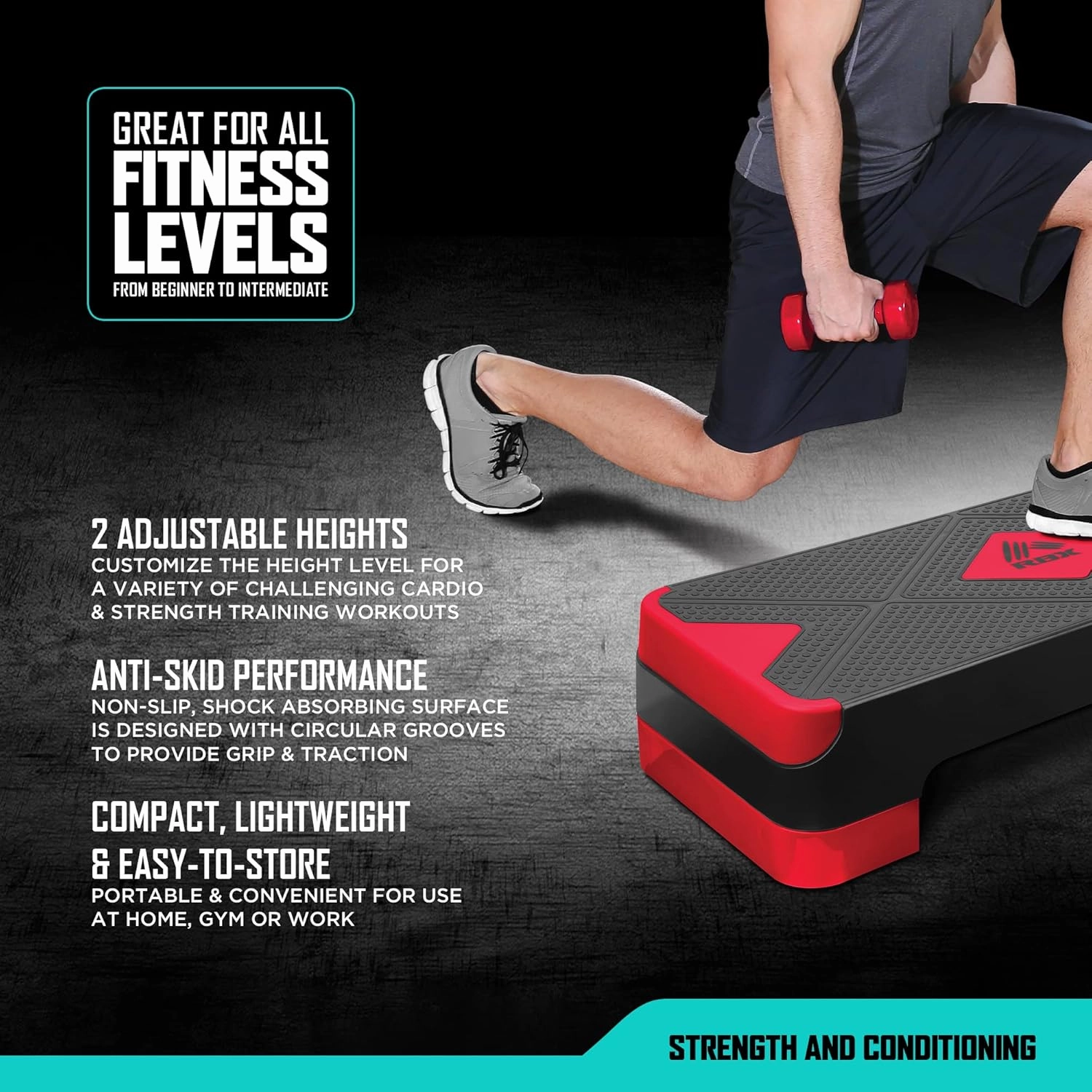 RBX Aerobic Step Platform with Non-Slip Textured Surface -2-Level Adjustable Steppers for Exercise, Compact, Lightweight, Easy-to-Store Exercise Step & Fitness Step Bench