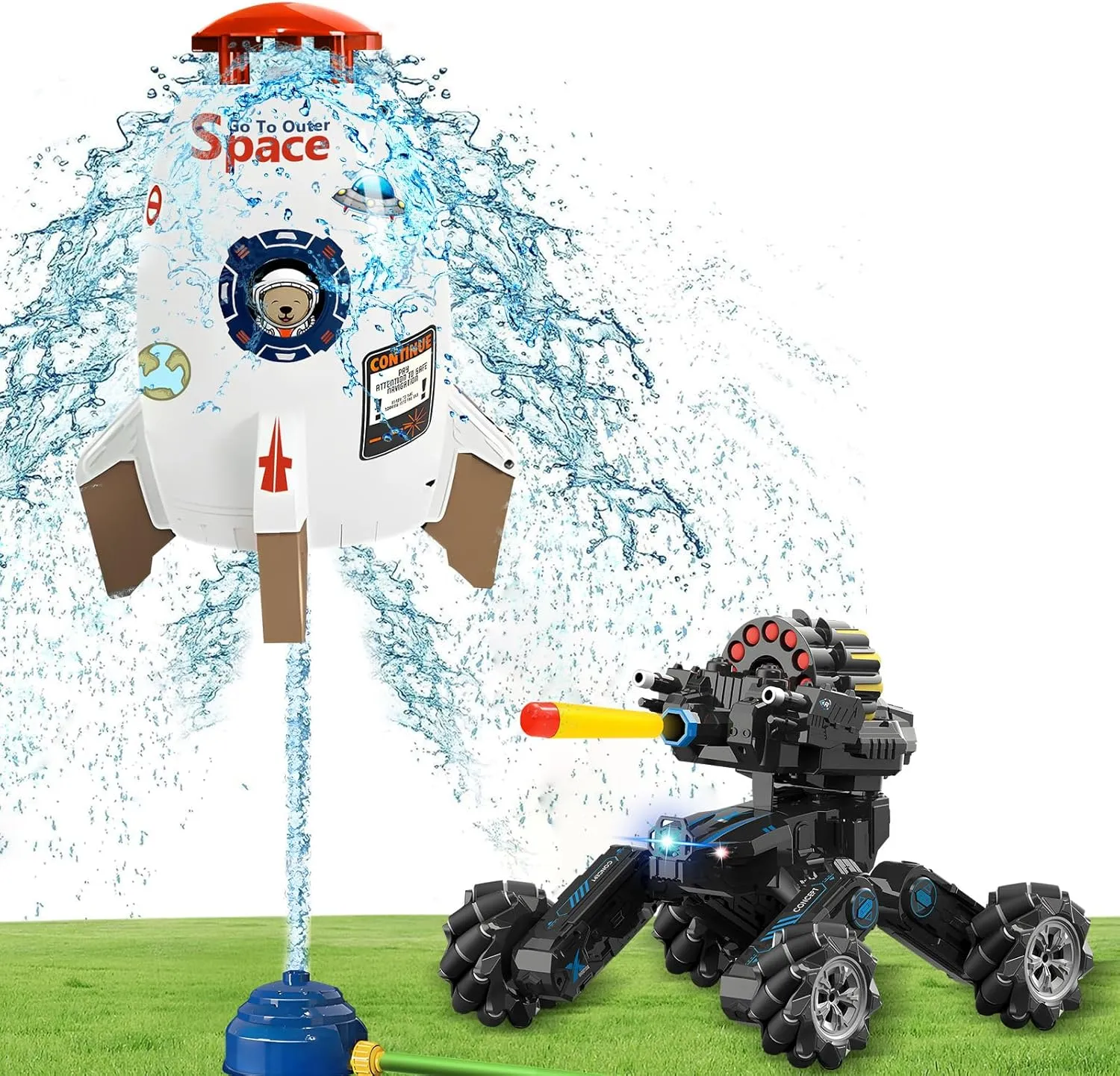 RC Tank Car with Drift & Sprinkler for Kids Outdoor Rocket Toy, Summer Outdoor Toys Set for Boys & Girls, Hand Gesture Control Dual Mode Stunt Truck with Light, Music, Lawn Garden Pool