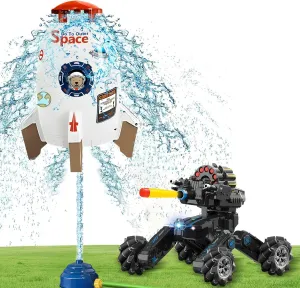 RC Tank Car with Drift & Sprinkler for Kids Outdoor Rocket Toy, Summer Outdoor Toys Set for Boys & Girls, Hand Gesture Control Dual Mode Stunt Truck with Light, Music, Lawn Garden Pool
