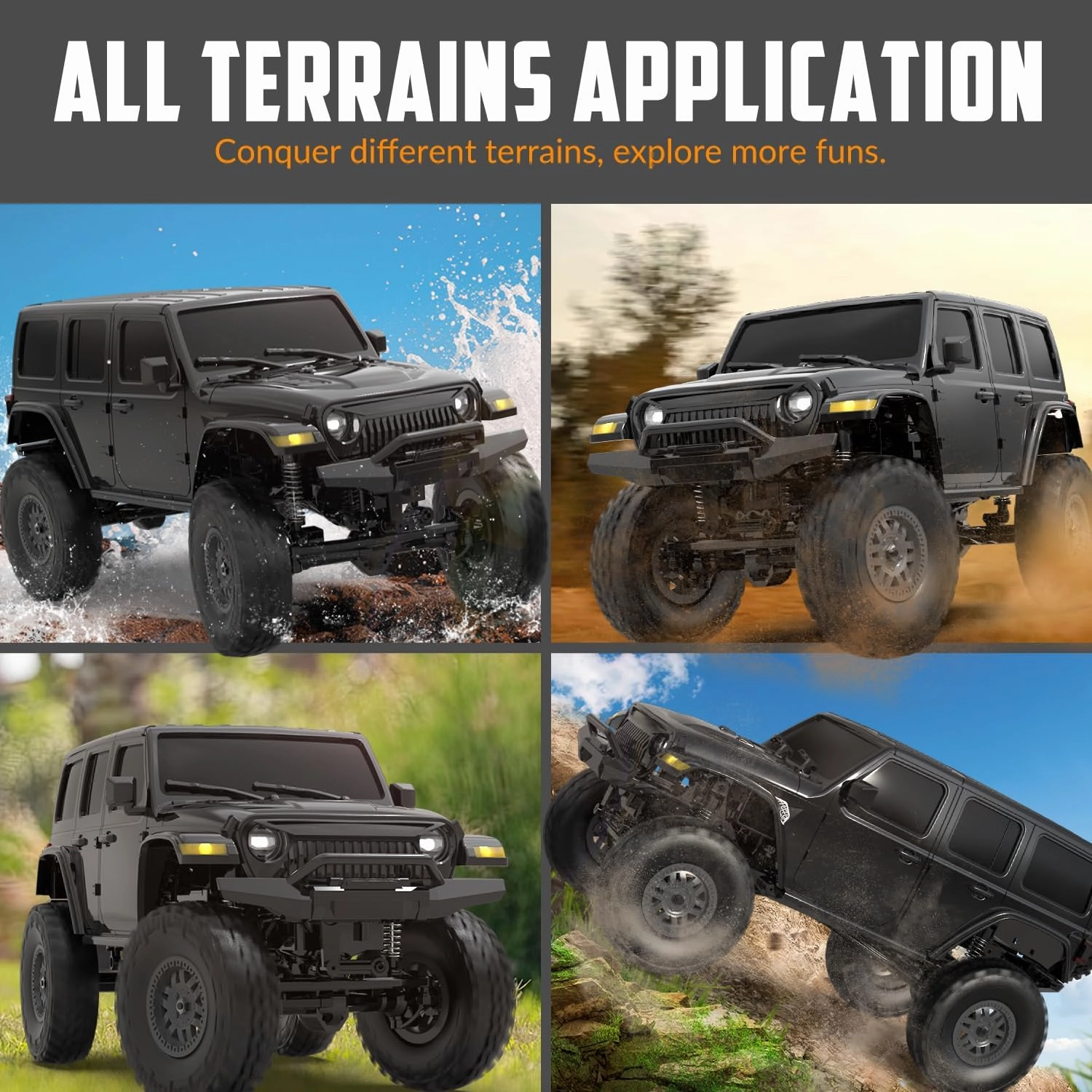 RCS24 Off Road 1/24 RC Truck 4x4 Off Road Crawler Climbing Vehicle All Terrain RC Monster Truck Remote Control Car with Bright Headlight 2 Batteries Waterproof Hobby Toys(RTR Black)