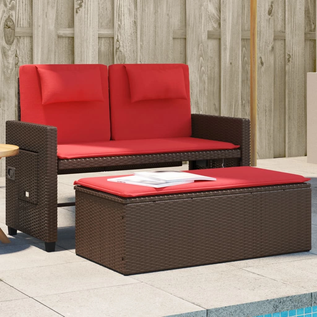 Reclining Patio Bench with Cushions Seating Poly Rattan Brown/Gray/Black