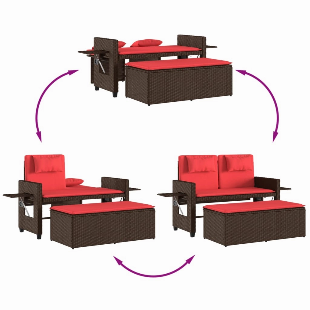 Reclining Patio Bench with Cushions Seating Poly Rattan Brown/Gray/Black