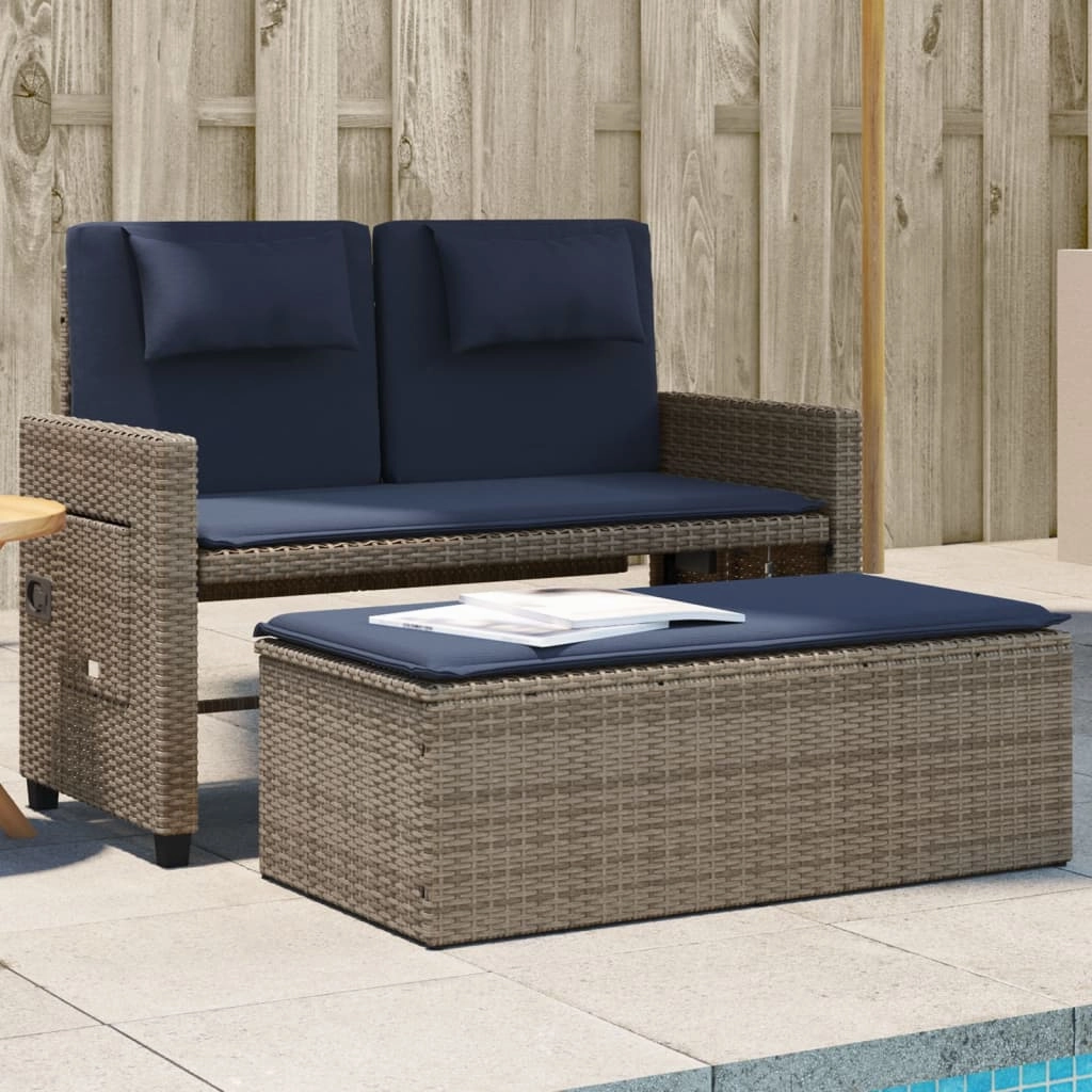 Reclining Patio Bench with Cushions Seating Poly Rattan Brown/Gray/Black