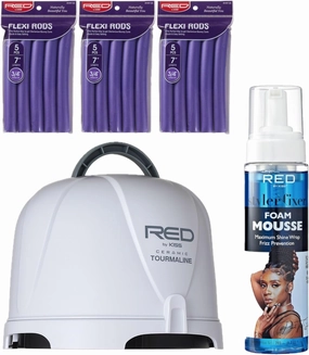 Red by Kiss Salon Styling Bundle – Professional Ceramic Tourmaline Hood Dryer   Foaming Wrap Mousse with Jamaican Black Castor Oil   Flexi Rods 3-Pack for Heatless Curls, Shine & Frizz Control