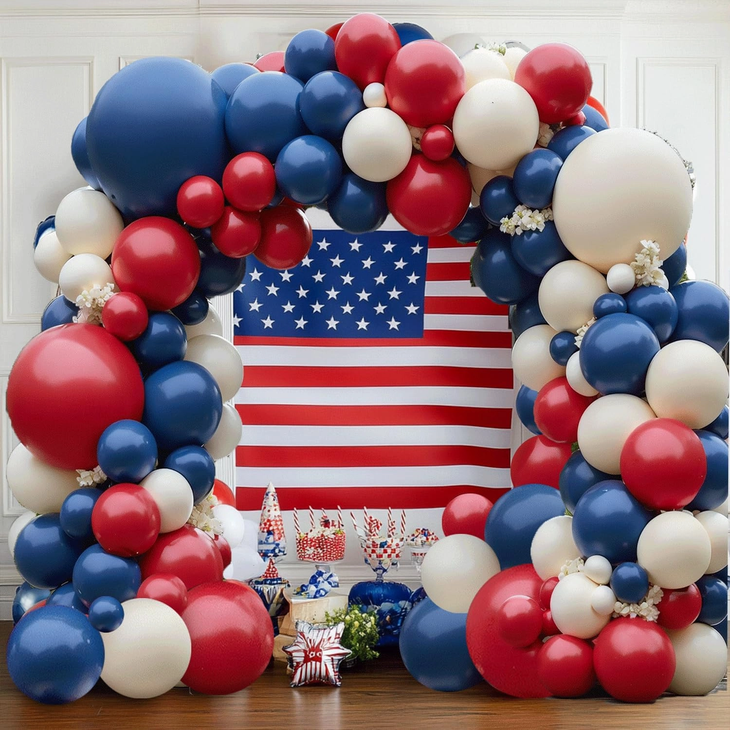 Red White Blue Balloons Arch Kit, Double Stuffed Dark Ruby Red Navy Blue Ivory White Balloons Garland for Baby Shower Patriotic Baseball Graduation Nautical Birthday Party