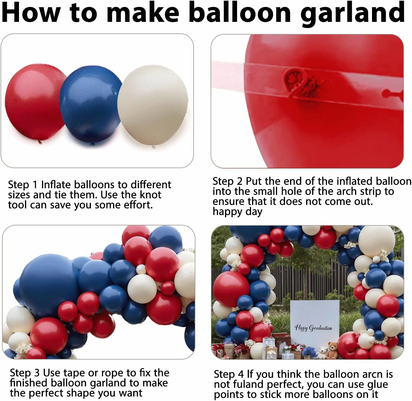 Red White Blue Balloons Arch Kit, Double Stuffed Dark Ruby Red Navy Blue Ivory White Balloons Garland for Baby Shower Patriotic Baseball Graduation Nautical Birthday Party