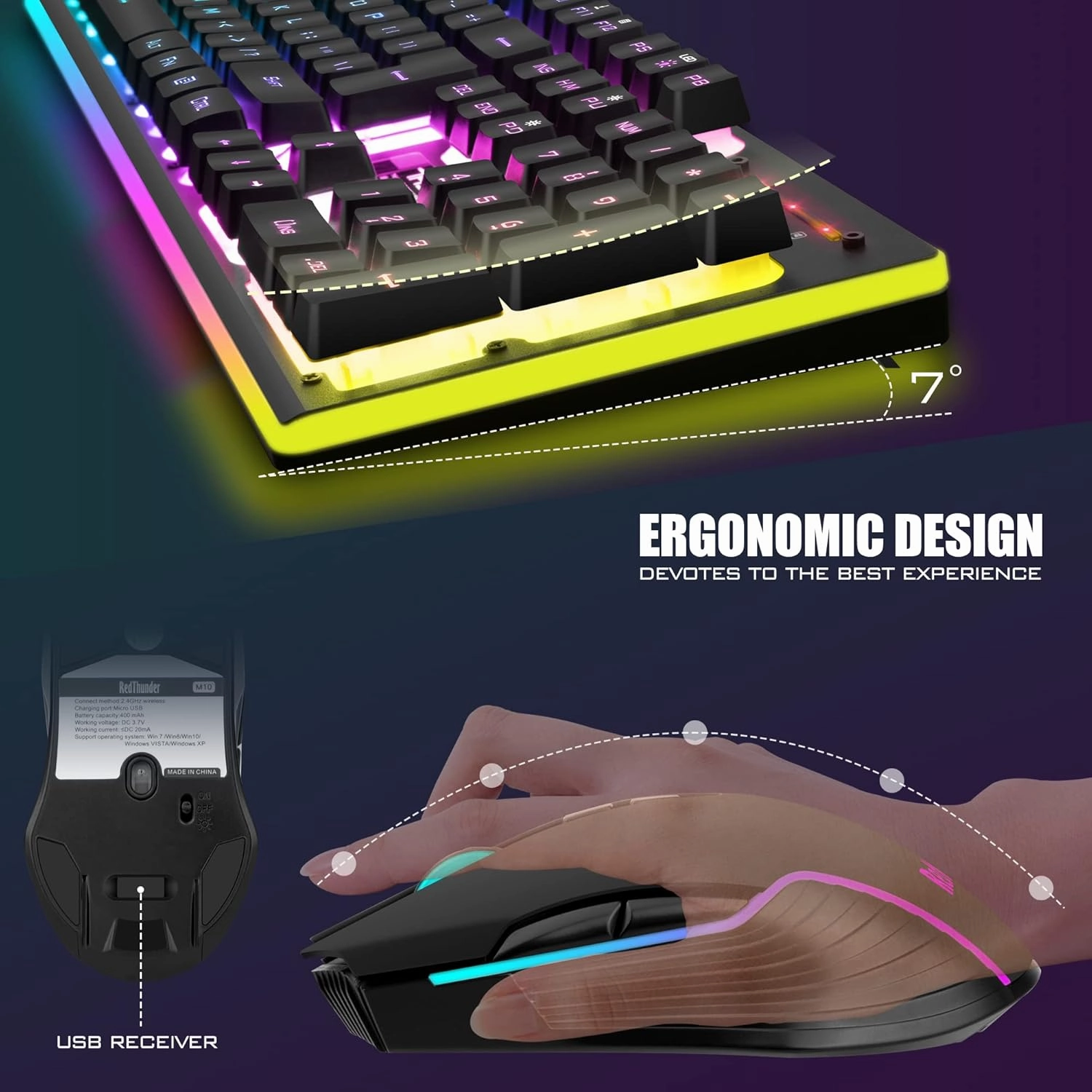RedThunder K10 Wireless Gaming Keyboard and Mouse Combo, LED Backlit Rechargeable 3800mAh Battery, Mechanical Feel Anti-ghosting Keyboard   7D 3200DPI Mice for PC Gamer (Black)