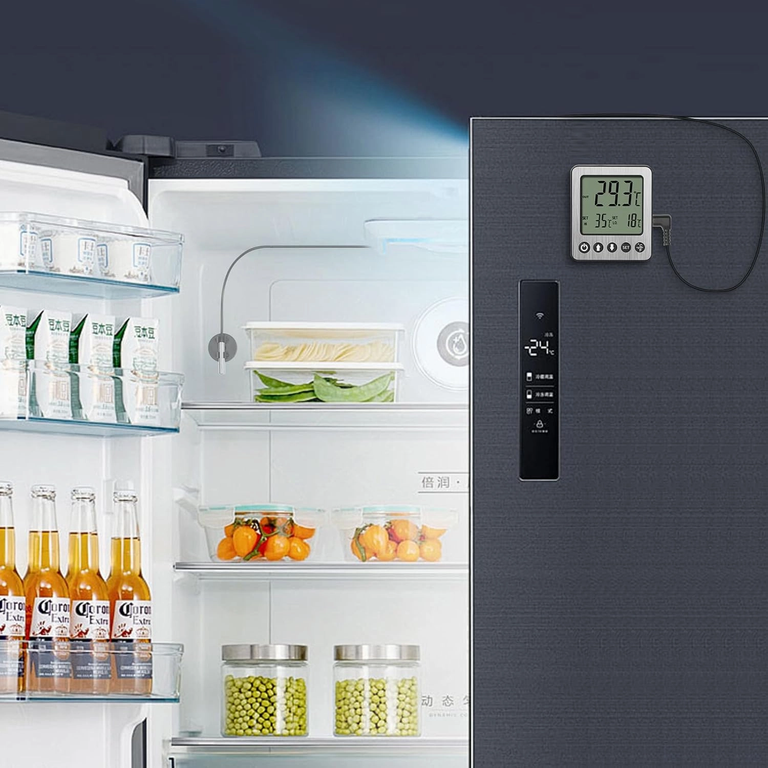 Refrigerator Thermometer Freezer Alarm Digital Freezer Thermometer Fridge Thermometer with Extra Sensor high and Low Temperature Alarm (1, Black, ZZ10)