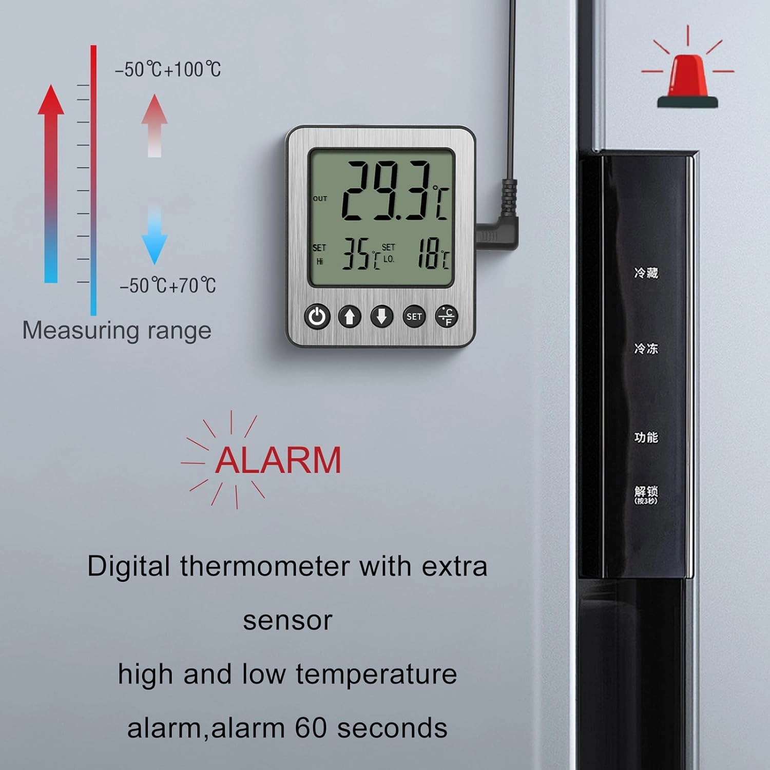 Refrigerator Thermometer Freezer Alarm Digital Freezer Thermometer Fridge Thermometer with Extra Sensor high and Low Temperature Alarm (1, Black, ZZ10)