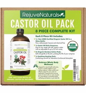RejuveNaturals Castor Oil Pack - 8 Piece Complete Kit. Includes 16oz Glass Bottle of Organic Castor Oil, Easy to use Castor Oil Compress with Adjustable Fit, 5 Soft Cotton Pads & Soothing Heat Pack..
