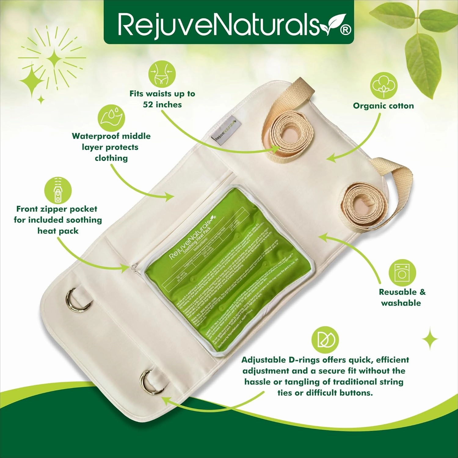 RejuveNaturals Castor Oil Pack - 8 Piece Complete Kit. Includes 16oz Glass Bottle of Organic Castor Oil, Easy to use Castor Oil Compress with Adjustable Fit, 5 Soft Cotton Pads & Soothing Heat Pack..