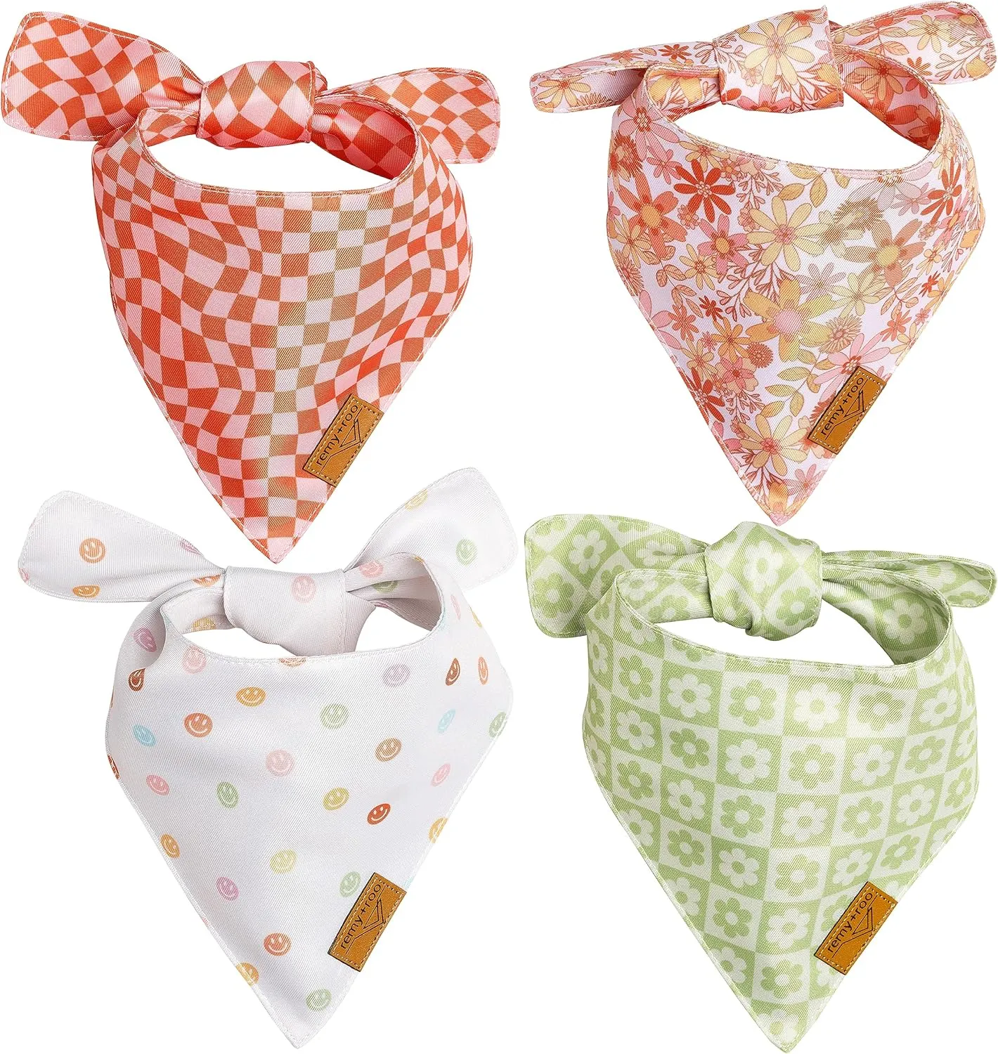 Remy Roo Large Spring Dog Bandanas - 4 Pack Daisy Set | Premium Durable Adjustable Polyester Fabric | Patented Shape Girl Dog Bandana, Trendy Pattrens, Floral Dog Bandana