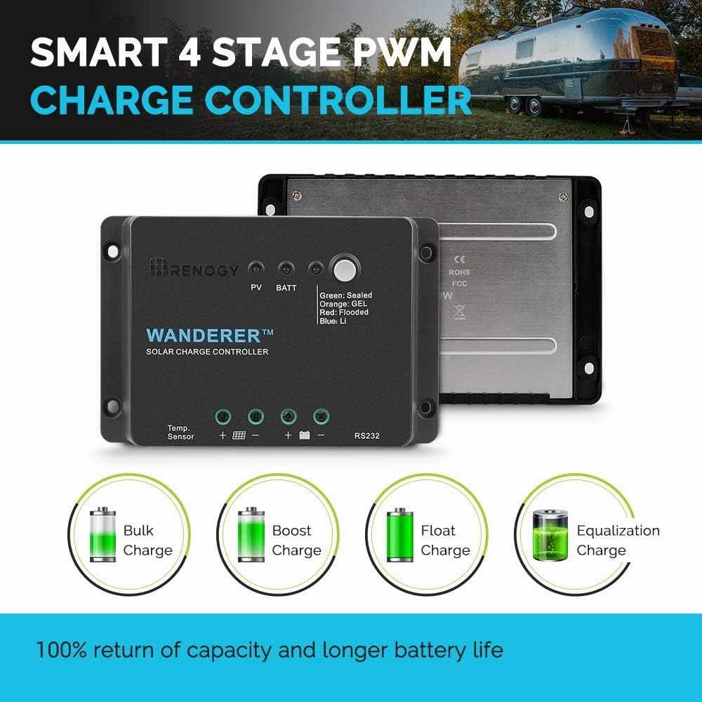Renogy Wanderer Li 30A 12V PWM Negative Ground Solar Charge Controller Solar Panel Regulator w/ Temp Sensor Function Fit for Lithium, Sealed, Gel, and Flooded Batteries, Wanderer Li 30A