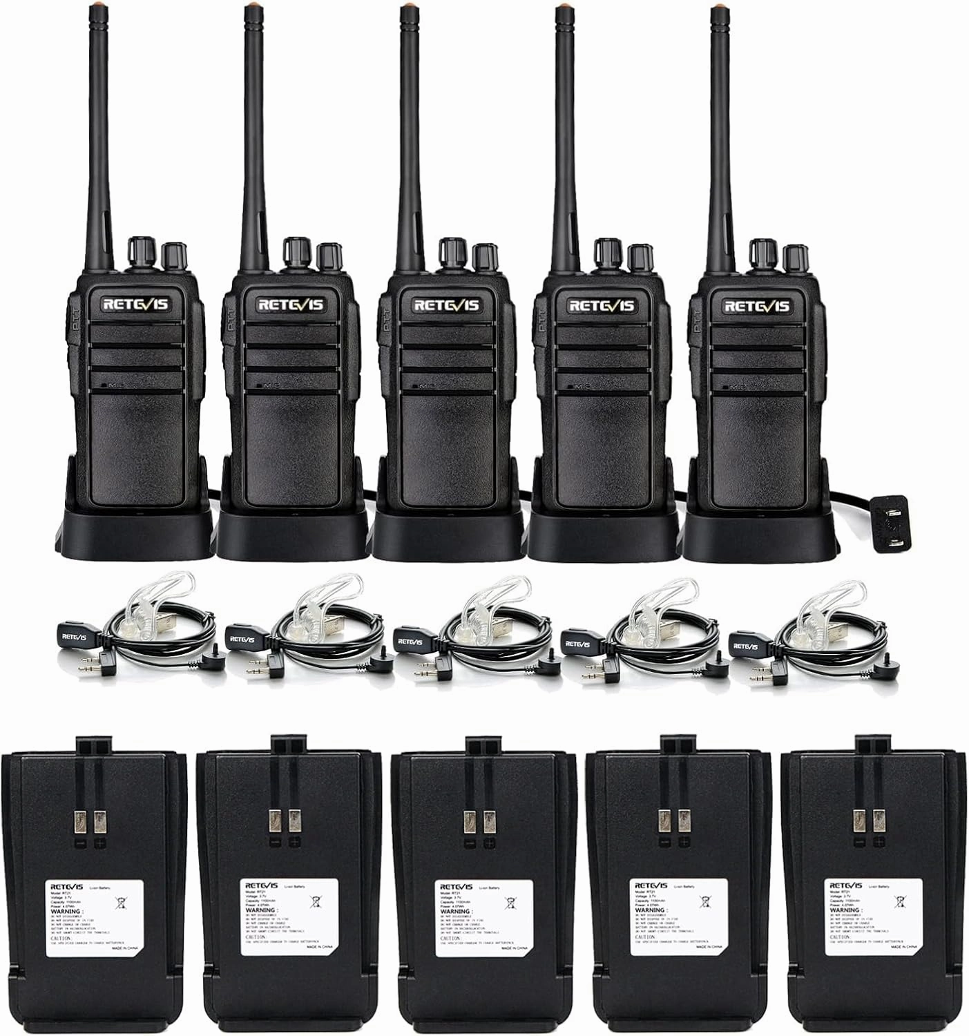 Retevis RT21 Walkie Talkies (5Pack) Bundle with Battery (5Pack),Handfree Rugged Two Way Radio with Earpiece for Commercial Construction Warehouse Security 2 Way Radios Black