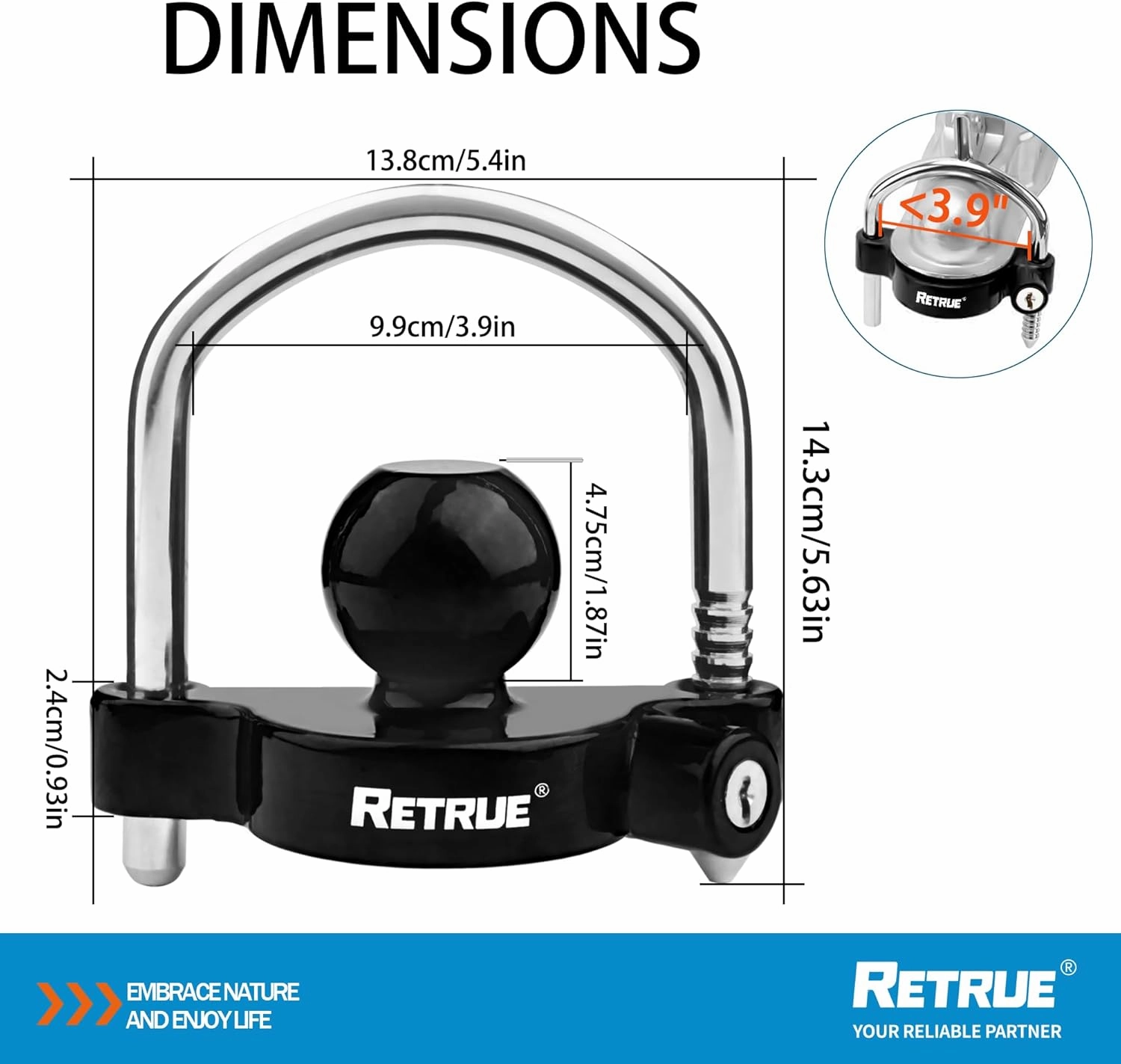 RETRUE Universal Coupler Lock Trailer Locks Ball Hitch Trailer Hitch Lock Adjustable Security Heavy-Duty Steel fits 1-7/8 Inch, 2 Inch, 2-5/16 Inch Couplers, Black (Pack of 2)