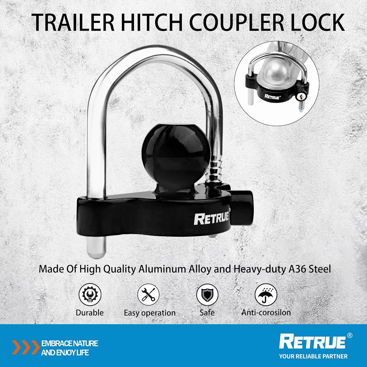 RETRUE Universal Coupler Lock Trailer Locks Ball Hitch Trailer Hitch Lock Adjustable Security Heavy-Duty Steel fits 1-7/8 Inch, 2 Inch, 2-5/16 Inch Couplers, Black (Pack of 2)