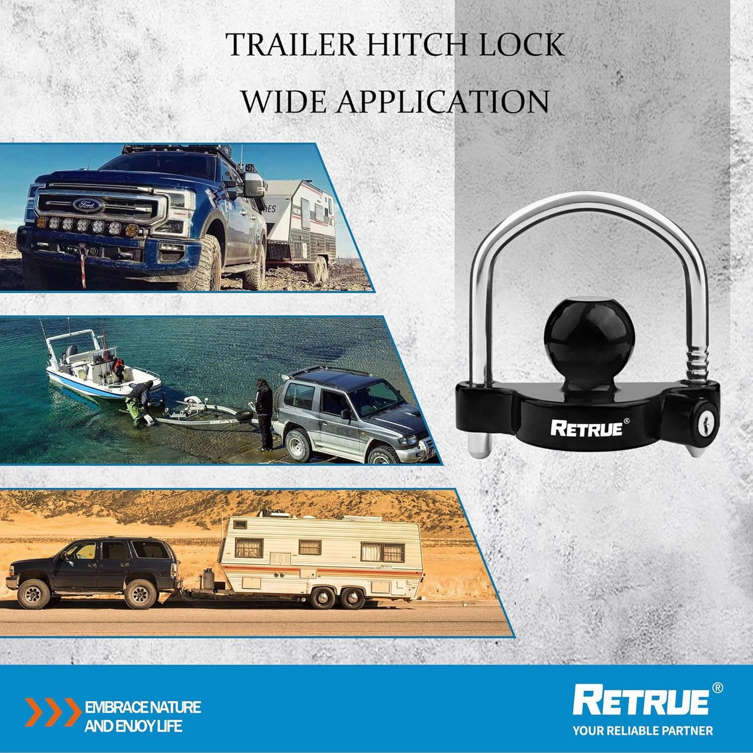 RETRUE Universal Coupler Lock Trailer Locks Ball Hitch Trailer Hitch Lock Adjustable Security Heavy-Duty Steel fits 1-7/8 Inch, 2 Inch, 2-5/16 Inch Couplers, Black (Pack of 2)