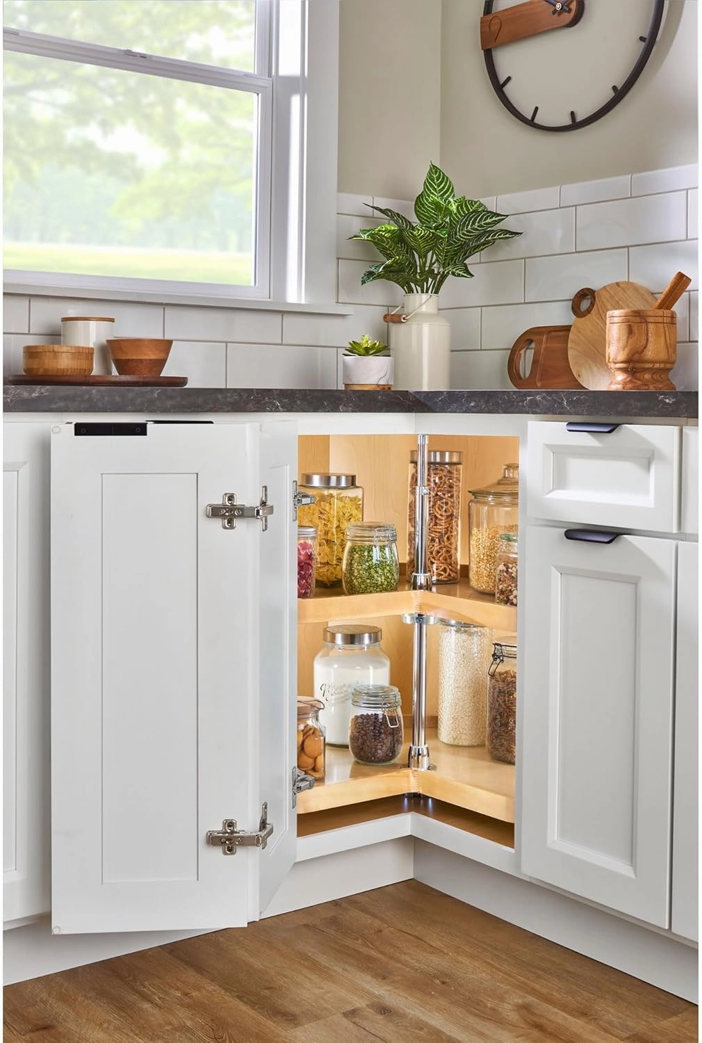 Rev-A-Shelf Dual Shelves Kidney-Shape 28" Lazy Susan Organizer for Lower Corner & Base Kitchen Cabinets, Turntable Home Storage, Wooden, 4WLS472-28-52