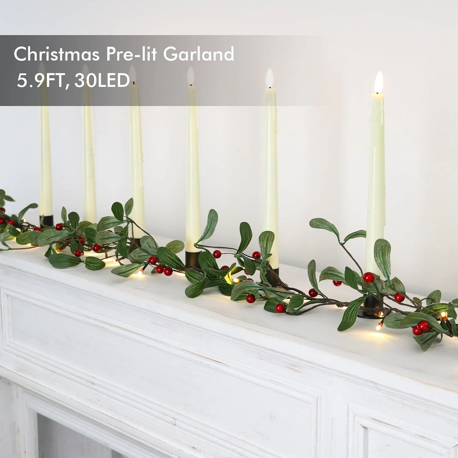 Rhytsing 5.9FT Red Berry Green Leaves Branch Pre-lit Garland with 30 LED Lights, Battery Operated Fairy String Lights with Timer Function for Christmas Mantel Decoration