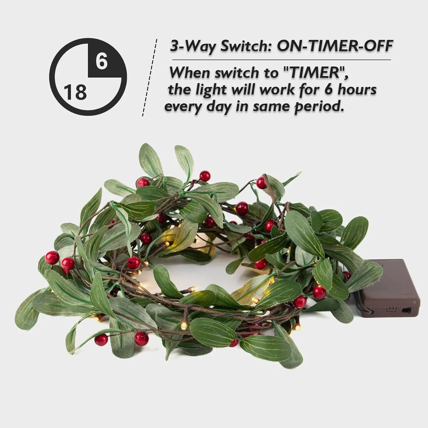 Rhytsing 5.9FT Red Berry Green Leaves Branch Pre-lit Garland with 30 LED Lights, Battery Operated Fairy String Lights with Timer Function for Christmas Mantel Decoration