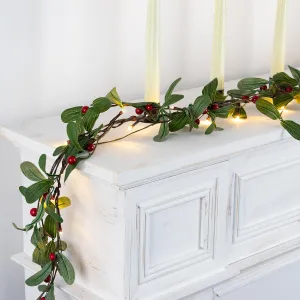 Rhytsing 5.9FT Red Berry Green Leaves Branch Pre-lit Garland with 30 LED Lights, Battery Operated Fairy String Lights with Timer Function for Christmas Mantel Decoration