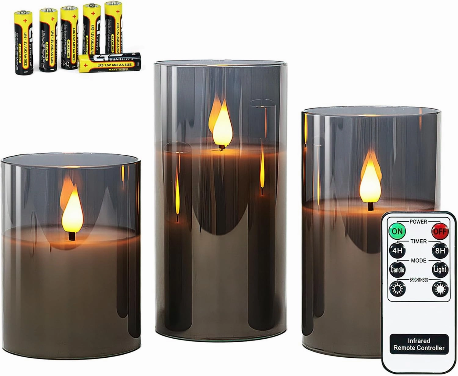 Rhytsing Gray Glass Battery Operated LED Candles with Remote, Flameless Candle Gift Set, Warm White Light - Include 6 Batteries