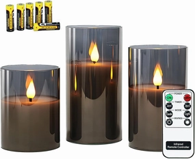 Rhytsing Gray Glass Battery Operated LED Candles with Remote, Flameless Candle Gift Set, Warm White Light - Include 6 Batteries