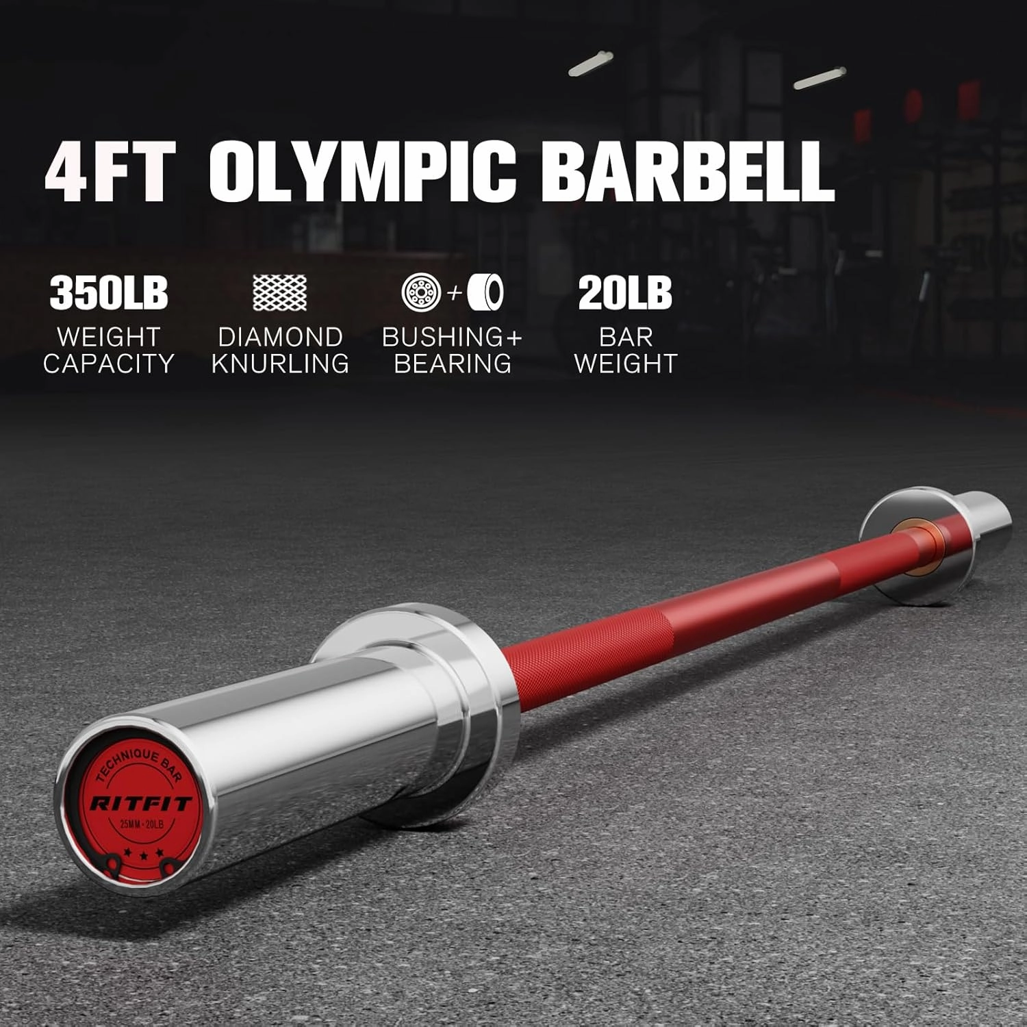 RITFIT Olympic Barbell 4ft/4.8ft/6ft - 2 Inch Weight Bar for Strength Training, Weightlifting, Squat, Deadlift, Bench Press, Curl, Overhead Press - 350lbs/500lbs Capacity