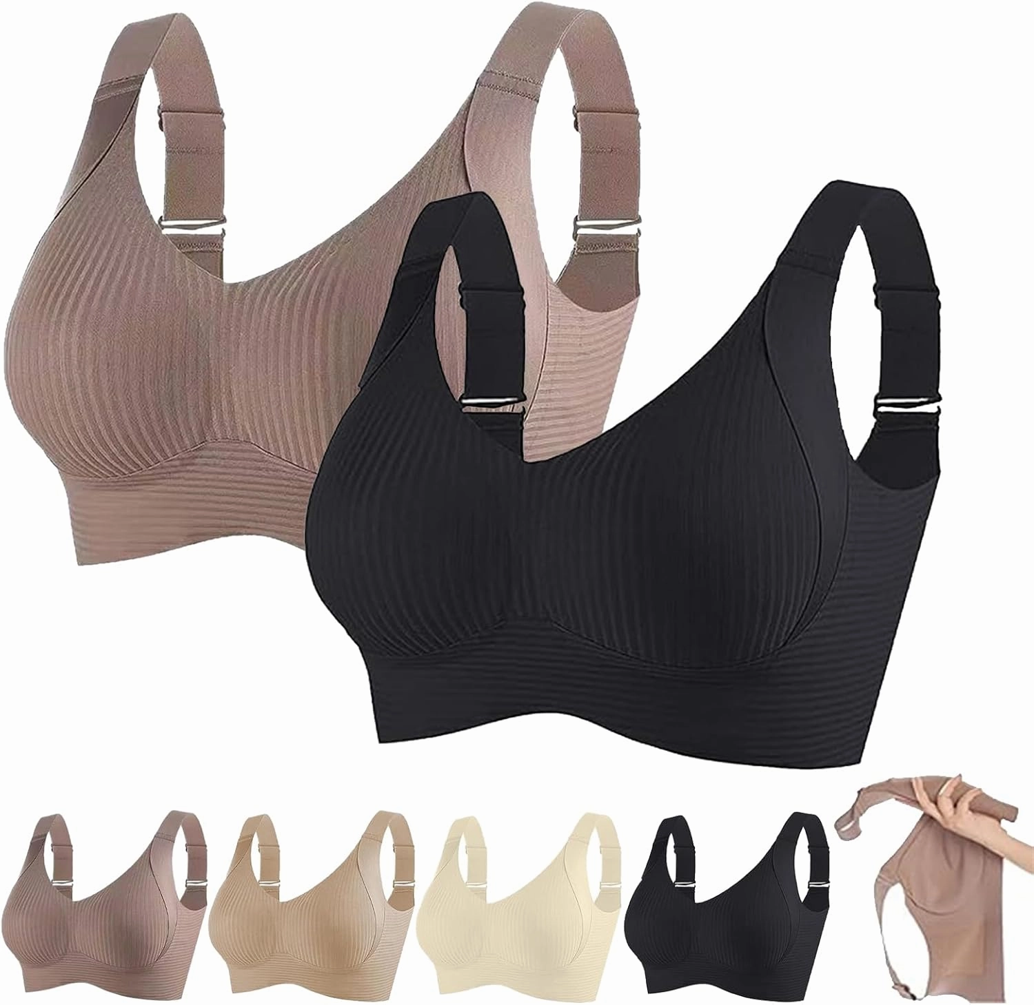 Roarrave Bra, Women's Ribbed Push Up Adjustable Wireless Bra, Push Up Sports Bras for Women, Wireless Bras for Women