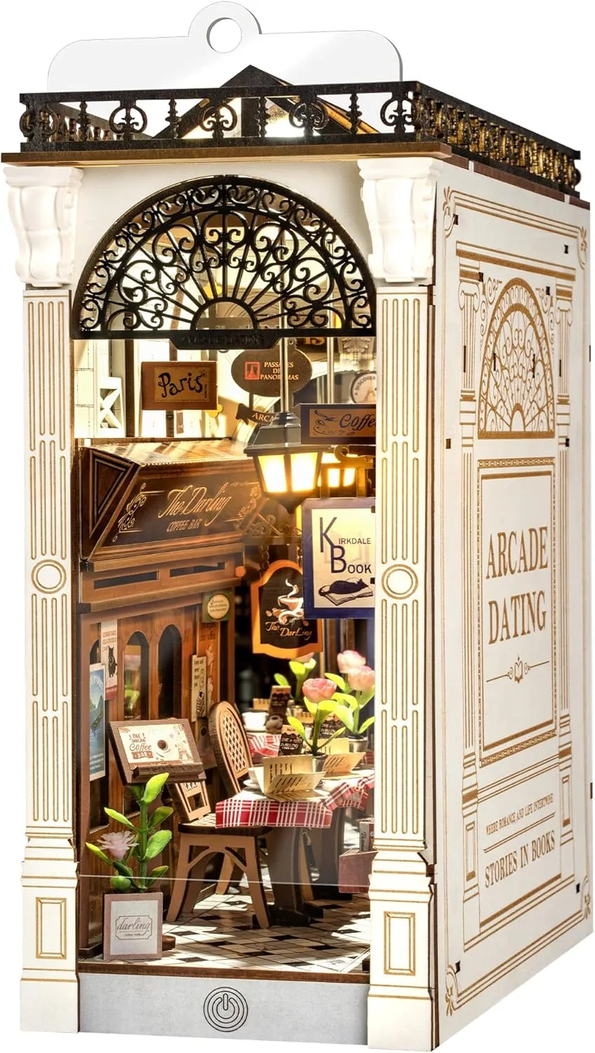 ROBOTIME DIY Book Nook Kits Dollhouse Room Bookstore Miniature House with LED Light 3D Wooden Puzzles for Adults Booknook Bookshelf Insert Decor Diorama Kit Unique Gifts（Arcade Dating）