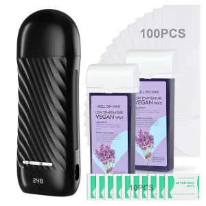 Roll On Hair Removal Kit: Portable Wax Heater, 2 Honey Soft Wax Cartridges, 100 Non-Woven Strips for Women & Men