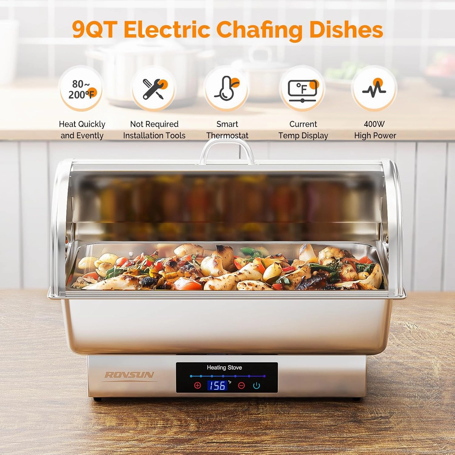 ROVSUN 9 QT 3 Pack Roll Top Electric Chafing Dishes for Buffet,Stainless Steel Chafing Dish Buffet Set with Temperature Control,Chafers and Buffet Warmers with Full & Half Size Pan for Party Catering