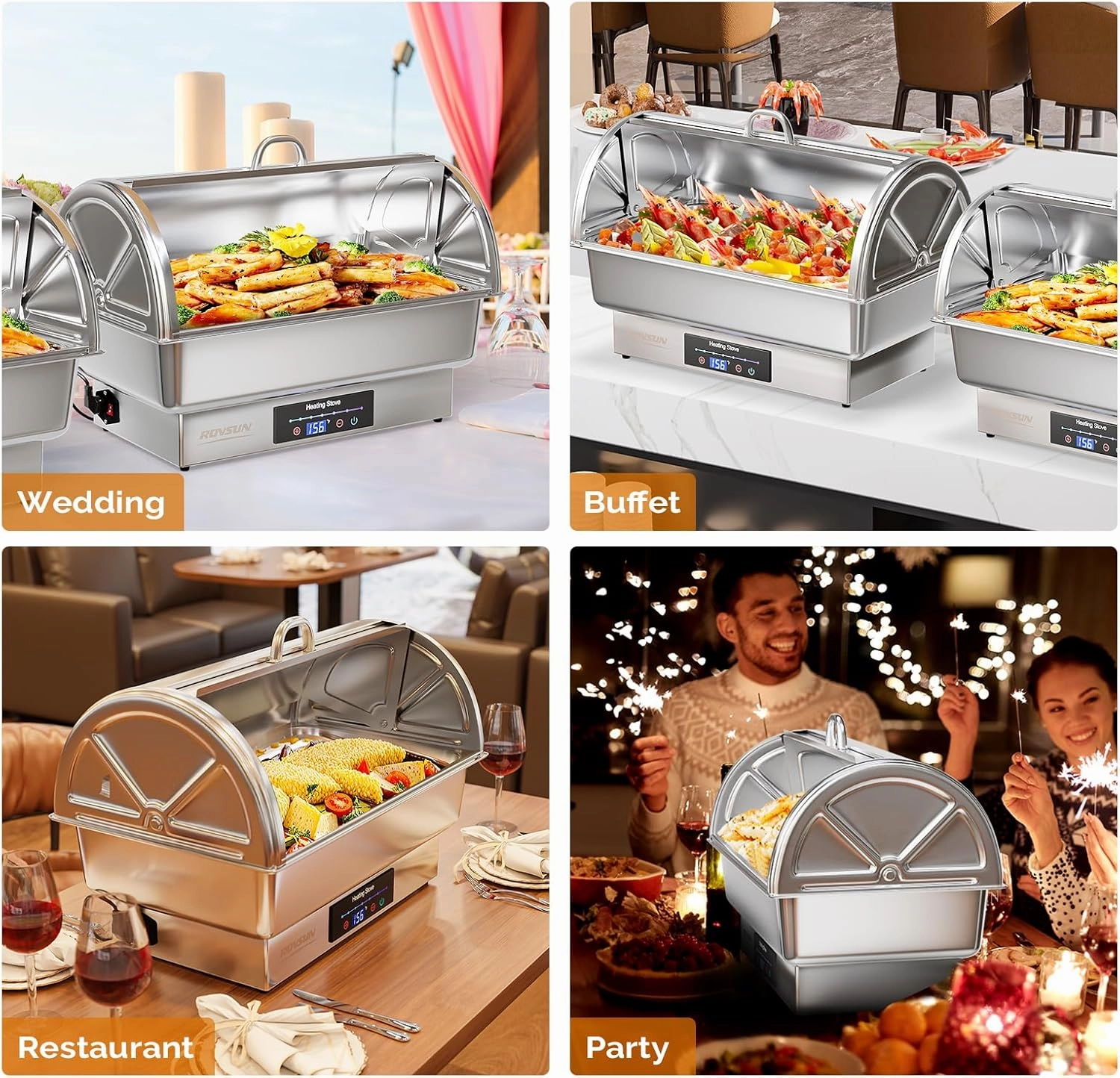ROVSUN 9 QT 3 Pack Roll Top Electric Chafing Dishes for Buffet,Stainless Steel Chafing Dish Buffet Set with Temperature Control,Chafers and Buffet Warmers with Full & Half Size Pan for Party Catering