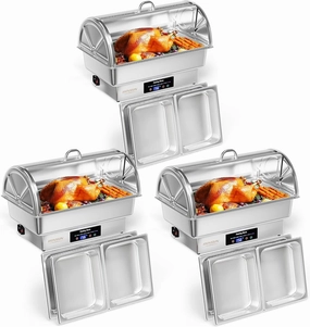 ROVSUN 9 QT 3 Pack Roll Top Electric Chafing Dishes for Buffet,Stainless Steel Chafing Dish Buffet Set with Temperature Control,Chafers and Buffet Warmers with Full & Half Size Pan for Party Catering
