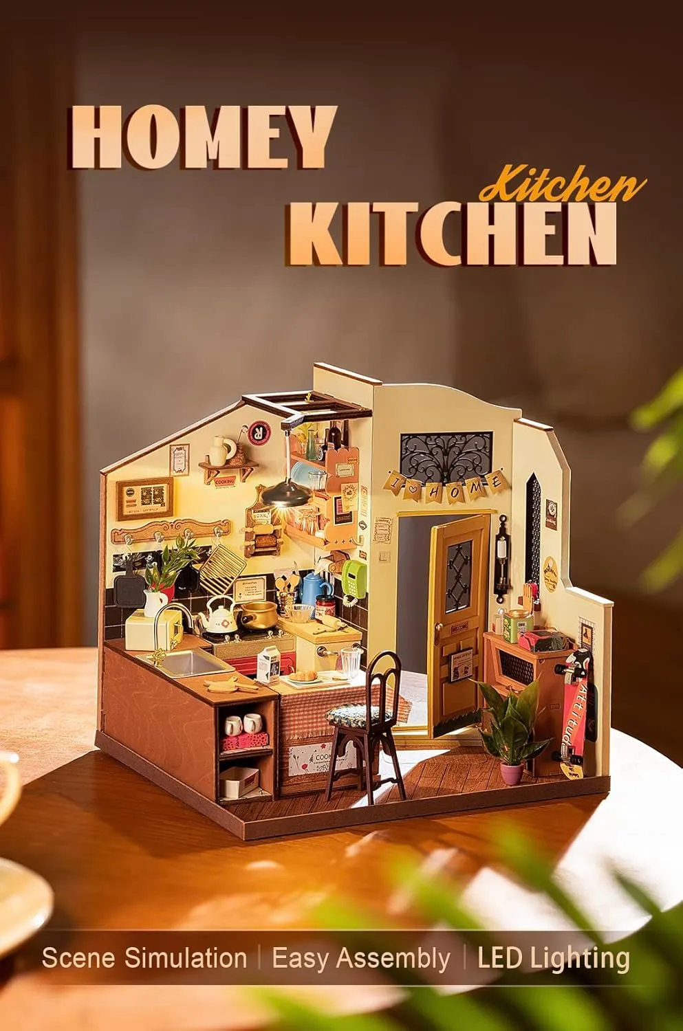 Rowood Miniature House Kit,DIY Miniature Dollhouse Kit for Adults,Model Kits for Adults to Build with LED,Birthday for Teens(Homey Kitchen)
