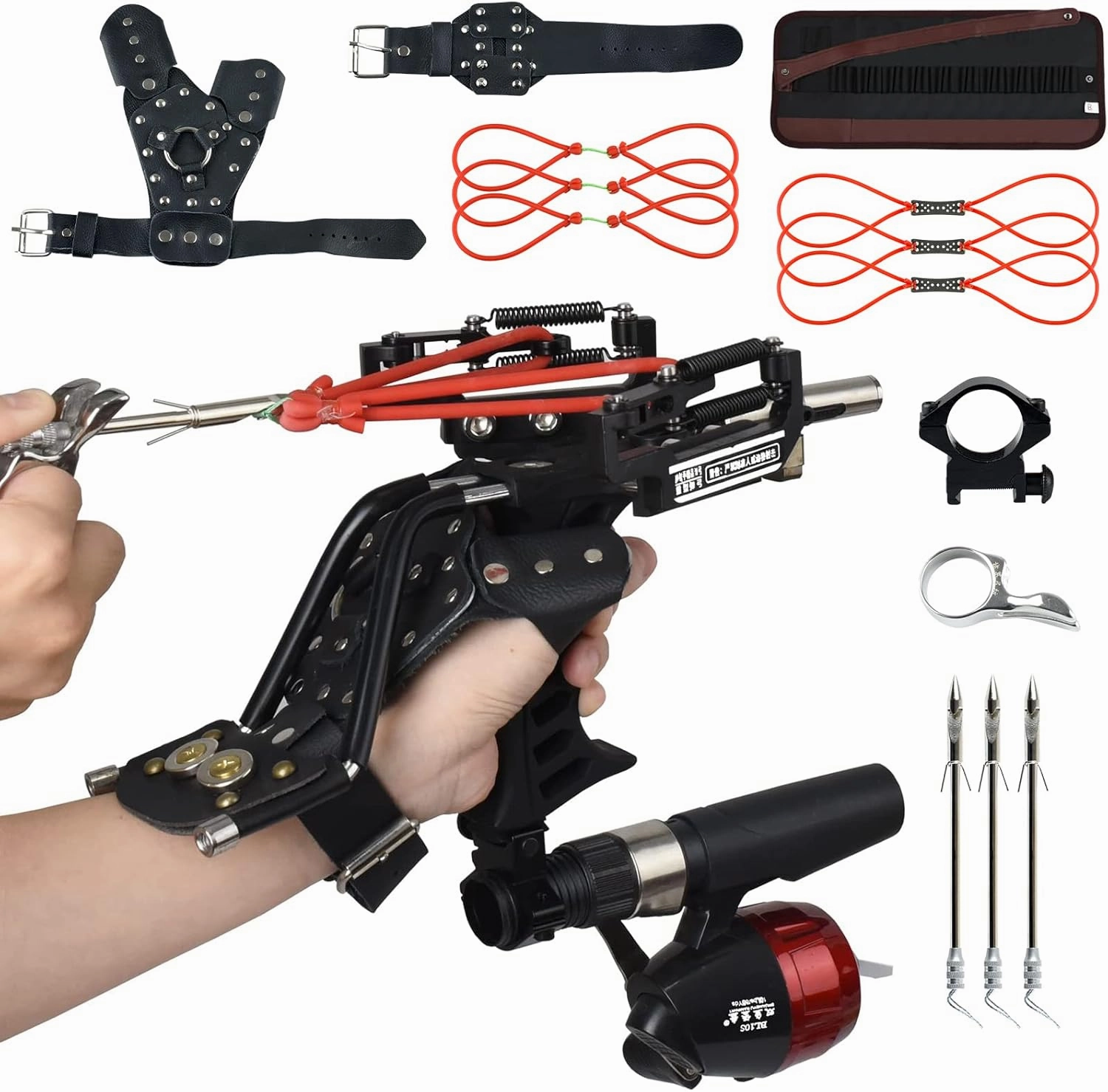 Rugged Professional Hunting Golden Slingshot with Fish Shooting Package As Adult Catapult Wrist Rocket Slingshot Comes with Reel Fish Shooting Dart Left Hand Gauntlet