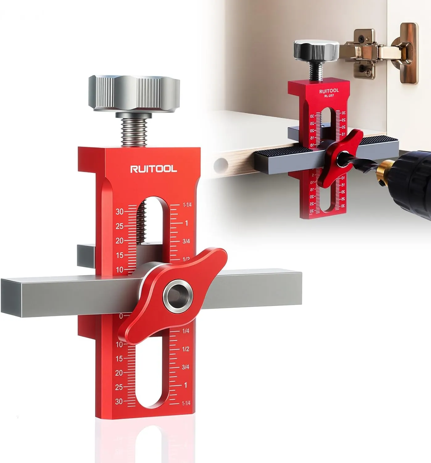 RUITOOL 2-in-1 Cabinet Door Mounting Jig & Rebound Device Tool with Bag, Installation Positioner for Frameless Cabinets Only, Easily Adjustable Aluminium Alloy Cabinet Hardware Jig with 3 Drill Bits