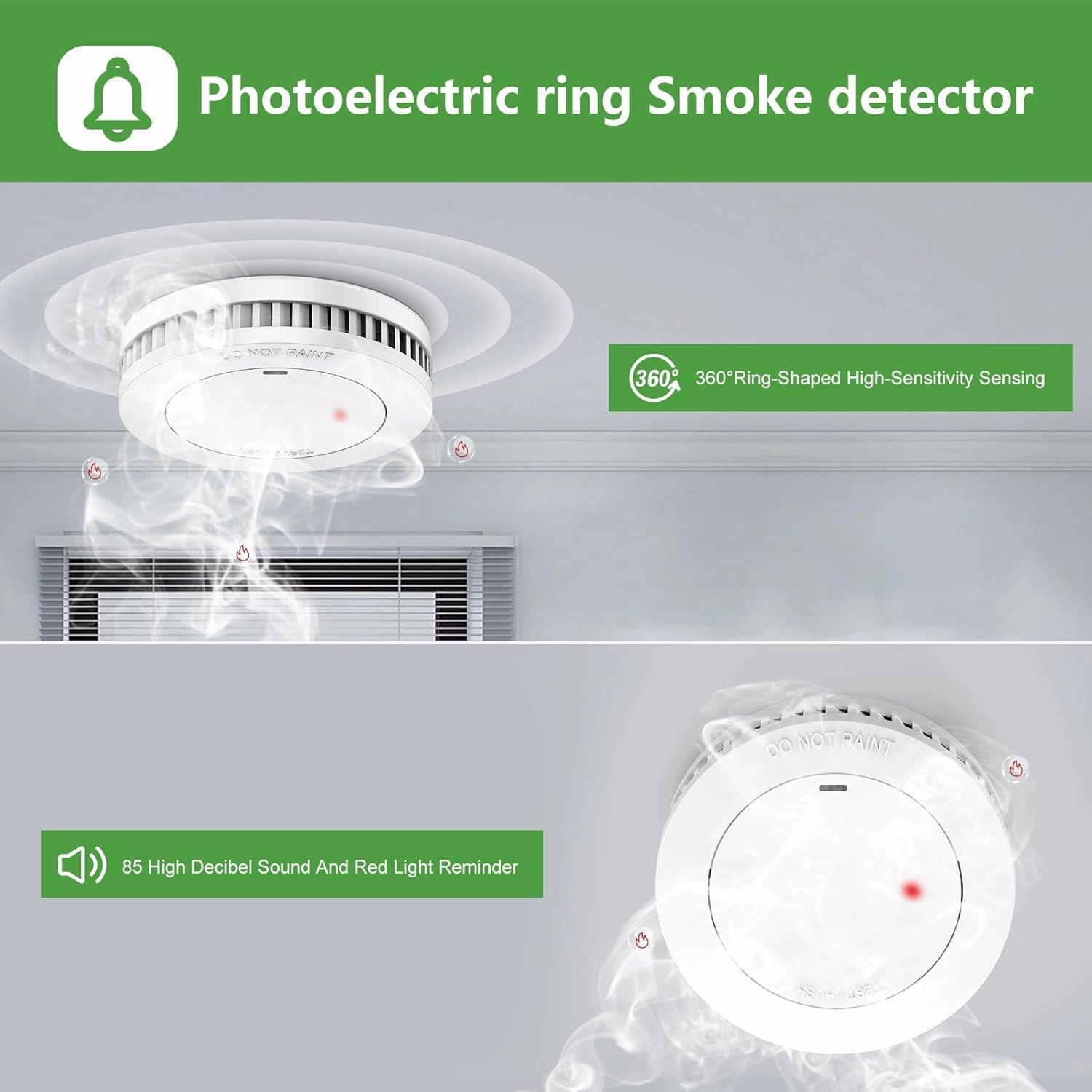 Rundur Fire Alarm 10-Year Battery Fire Detector 3.5-Inch Mini Sleek Design with Test/Silent Button Photoelectric Smoke Alarm Can be drilled Fixed fire detectors for Home (3 Piece)