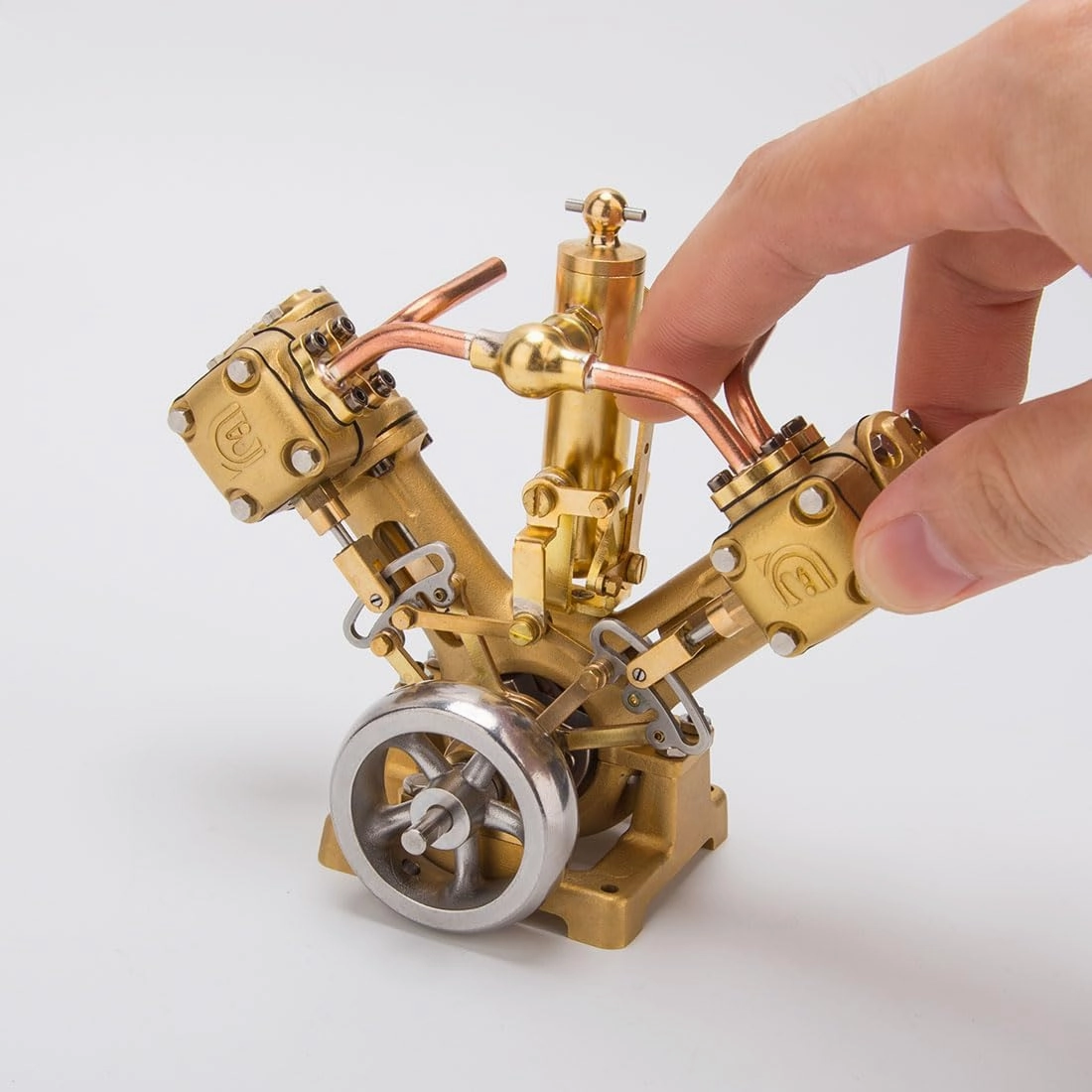 RW-V2 Steam Engine Model Kit for Adults, V-Shape Double Cylinder Reciprocating Mini Steam Engine Kit for 70-130cm Steamships, Without Boiler, Forward/Reverse Rotation, RTR